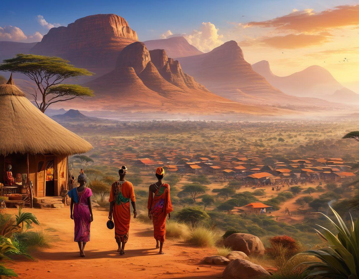 A vibrant African landscape showcasing diverse cultures, featuring traditional attire, colorful markets, and unique architecture. Include people from various ethnic groups engaging in daily activities, surrounded by wildlife and scenic backdrops of savannas and mountains. The scene should reflect a sense of joy and unity among different cultures. vibrant colors. super-realistic.