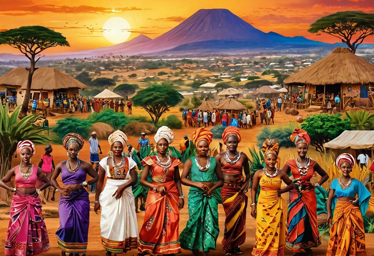 A colorful collage showcasing different African communities, featuring traditional dancers in vibrant costumes, artisans crafting unique handmade goods, and local markets filled with exotic produce. In the background, iconic landscapes like savannas and cultural landmarks symbolize Africa’s diverse heritage. The image should evoke a sense of connection and celebration of diversity. super-realistic. vibrant colors. warm lighting.