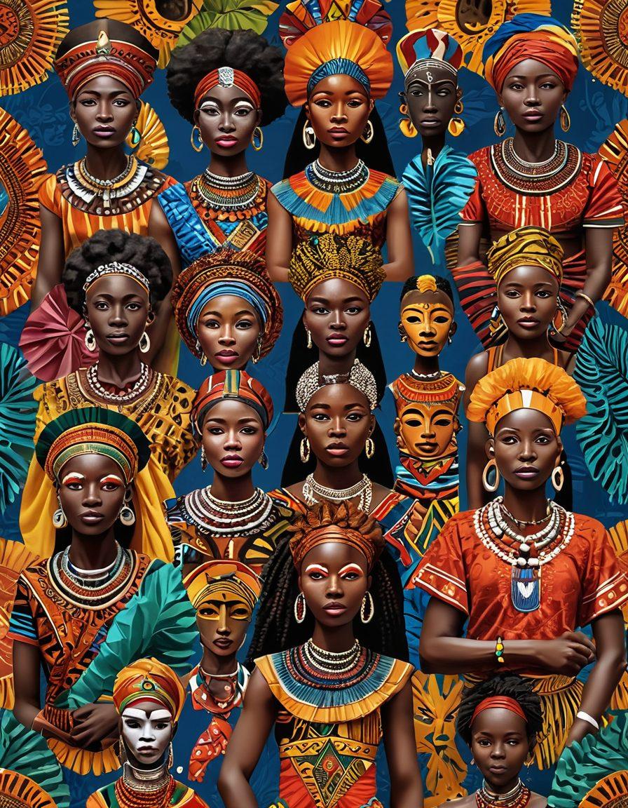 A colorful montage showcasing various facets of African culture, featuring traditional dancers in bright attire, intricate tribal masks, and vibrant textiles. Include elements like lush landscapes, bustling marketplaces, and folklore symbols to represent diversity. The background should be lively with patterns inspired by African art. Bright and vivid colors. super-realistic. 3D.
